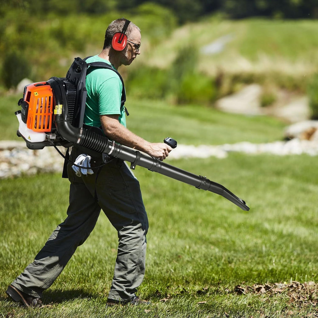 Man using a CleNolif 52CC Backpack Leaf Blower in a grassy outdoor setting