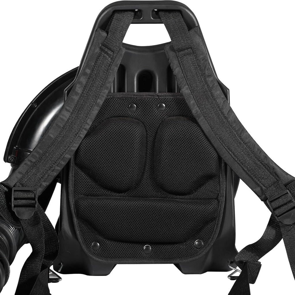 Black CleNolif 52CC Backpack Leaf Blower with a helmet on a white background