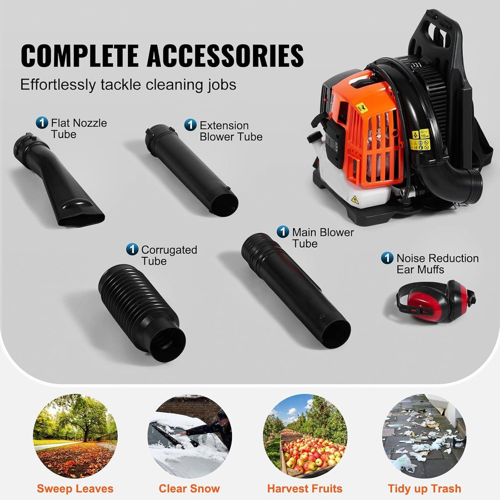 A product accessory set for a CleNolif 52CC Backpack Leaf Blower on a light gray background. The main item is a black and orange leaf blower shown alongside several included attachments: a flat nozzle tube, extension blower tube, corrugated tube, main blower tube, and noise reduction ear muffs.
