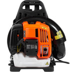 A CleNolif 52CC Backpack Leaf Blower with a black plastic backpack and housing, a bright orange engine guard, a white fuel tank, and black base, shown on a white background.