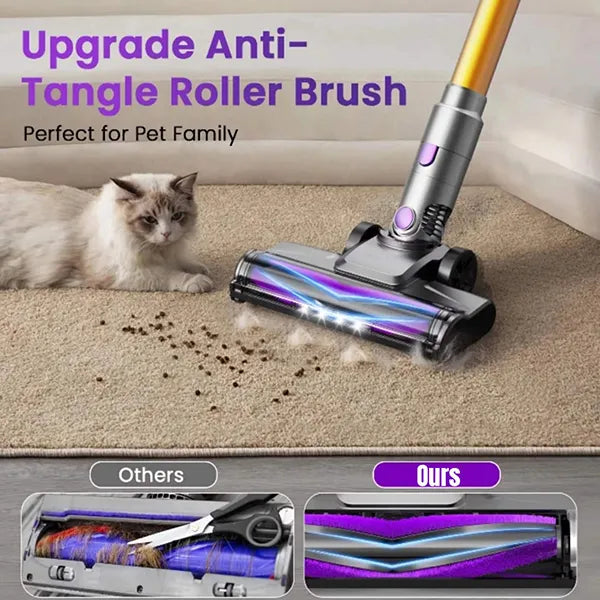 Cleanivia Vacuum Cleaner with anti-tangle roller brush cleaning a carpet next to a cat.