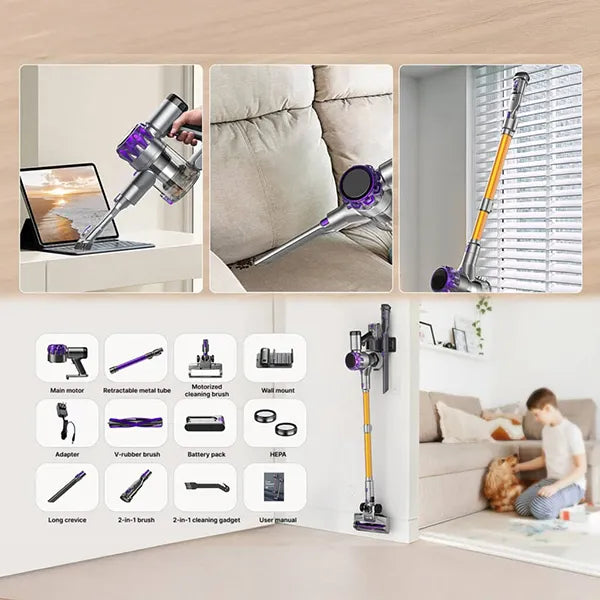 Multifunctional Cleanivia Vacuum Cleaner with various attachments in use and features displayed.