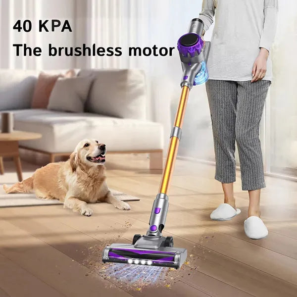 Person using a Cleanivia Vacuum Cleaner with a dog sitting on the floor in a living room.