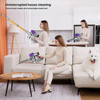 Woman using a Cleanivia Vacuum Cleaner in a living room with a dog sitting on the couch.