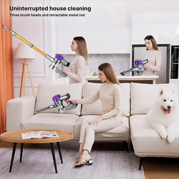 Woman using a Cleanivia Vacuum Cleaner in a living room with a dog sitting on the couch.
