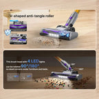 Cleanivia Vacuum Cleaner head with V-shaped anti-tangle roller and LED lights on a wooden floor.