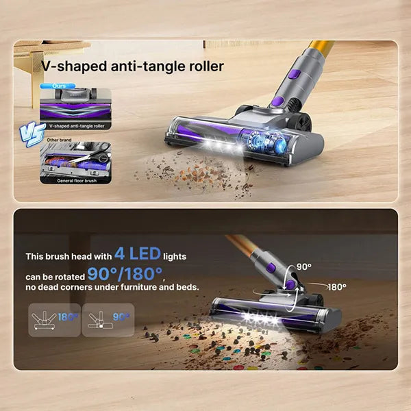 Cleanivia Vacuum Cleaner head with V-shaped anti-tangle roller and LED lights on a wooden floor.