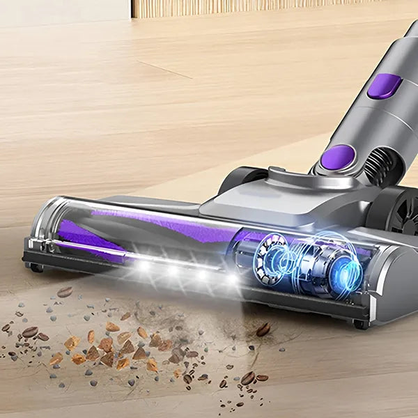Cleanivia Vacuum Cleaner a wooden floor with visible dirt particles.