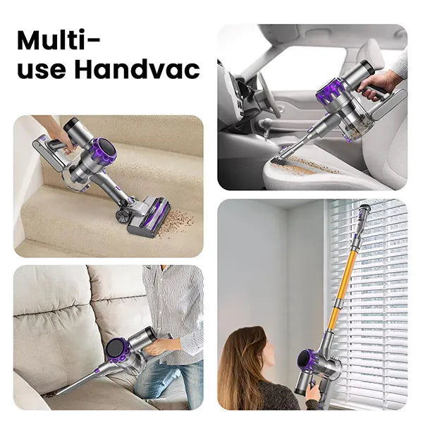 Multi-use handvac being used on various surfaces and objects.