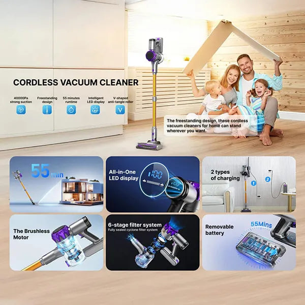 Cleanivia Vacuum Cleaner with family using it in a home setting, highlighting features like battery life and filter system.