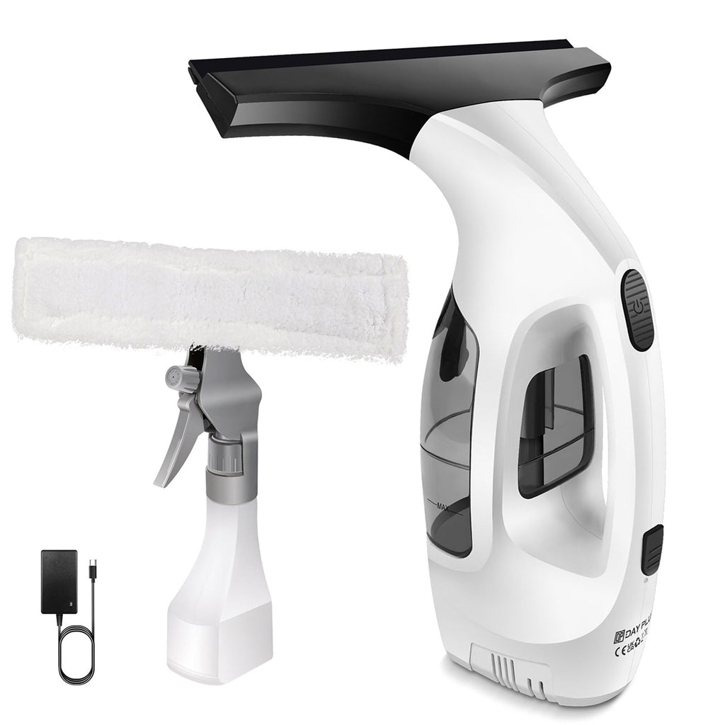 A ClearVynu Window Vacuum with a white body, black squeegee head, and transparent water tank, shown alongside a white spray attachment, a small black charging block, and a black cable on a plain white background.