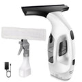 A ClearVynu Window Vacuum with a white body, black squeegee head, and transparent water tank, shown alongside a white spray attachment, a small black charging block, and a black cable on a plain white background.