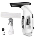 A ClearVynu Window Vacuum with a white body, black squeegee head, and transparent water tank, shown alongside a white spray attachment, a small black charging block, and a black cable on a plain white background.
