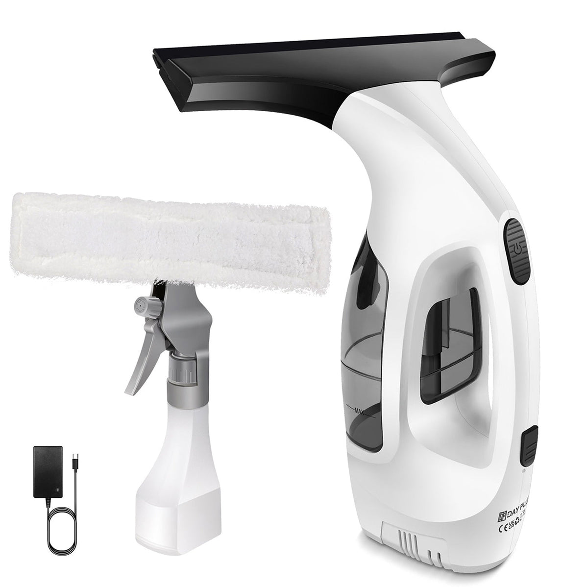 A ClearVynu Window Vacuum with a white body, black squeegee head, and transparent water tank, shown alongside a white spray attachment, a small black charging block, and a black cable on a plain white background.