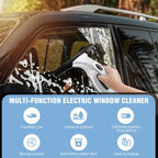 Person cleaning a ClearVynu Window Vacuum with a multi-function electric window cleaner, with product features displayed.