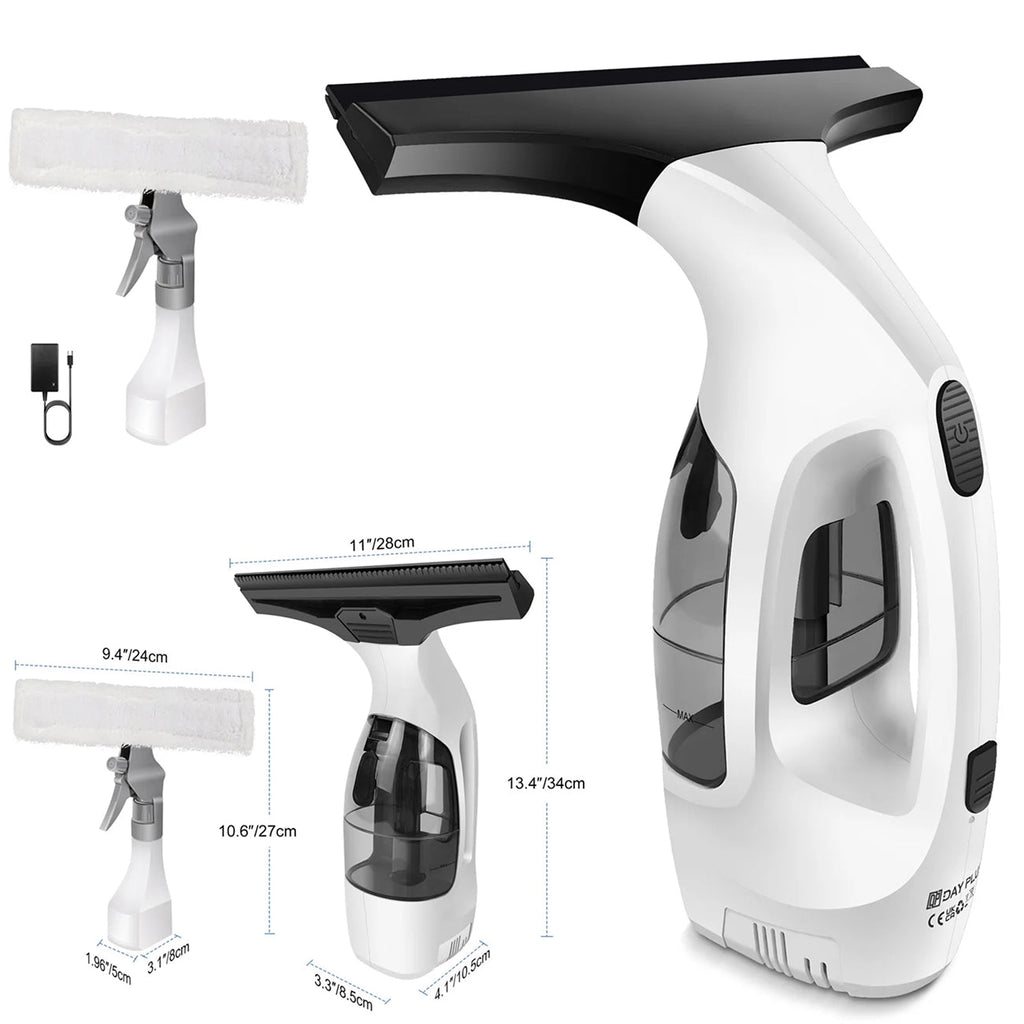 Multifunctional ClearVynu Window Vacuum with various attachments and dimensions displayed.