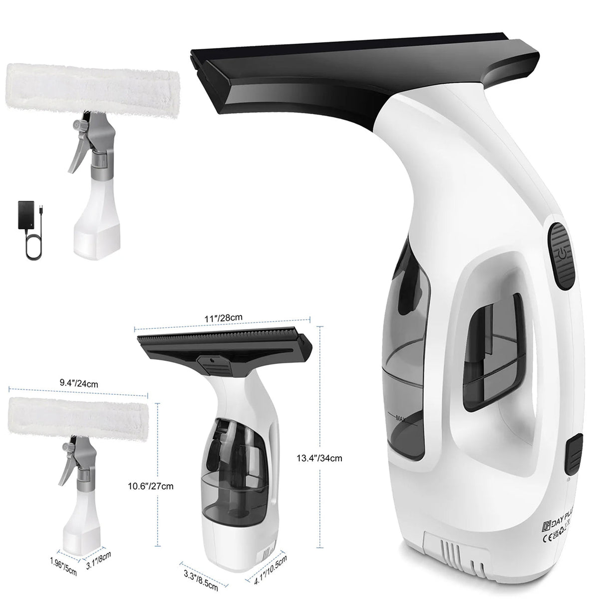 Multifunctional ClearVynu Window Vacuum with various attachments and dimensions displayed.