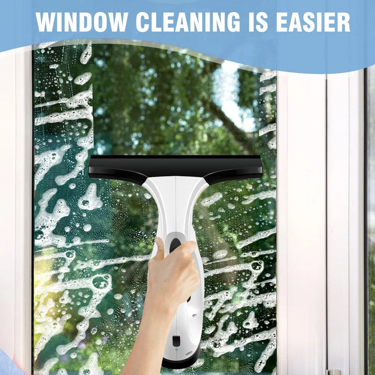 ClearVynu Window Vacuum being used to clean a window with text 'WINDOW CLEANING IS EASIER'.