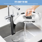 ClearVynu Window Vacuum water filter being used to fill a sink with water, with text indicating ease of use.