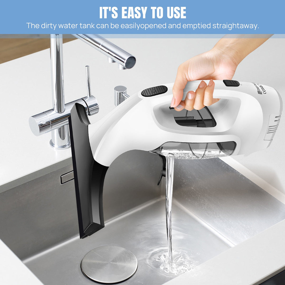 ClearVynu Window Vacuum water filter being used to fill a sink with water, with text indicating ease of use.
