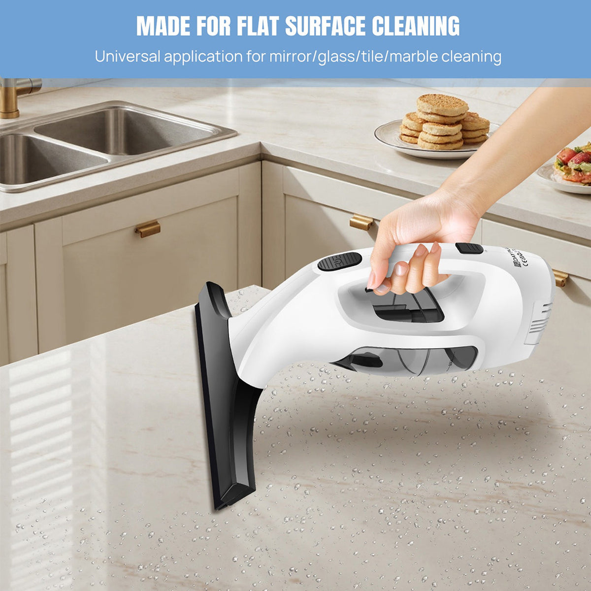 ClearVynu Window Vacuum tool on a kitchen counter with text about flat surface cleaning.