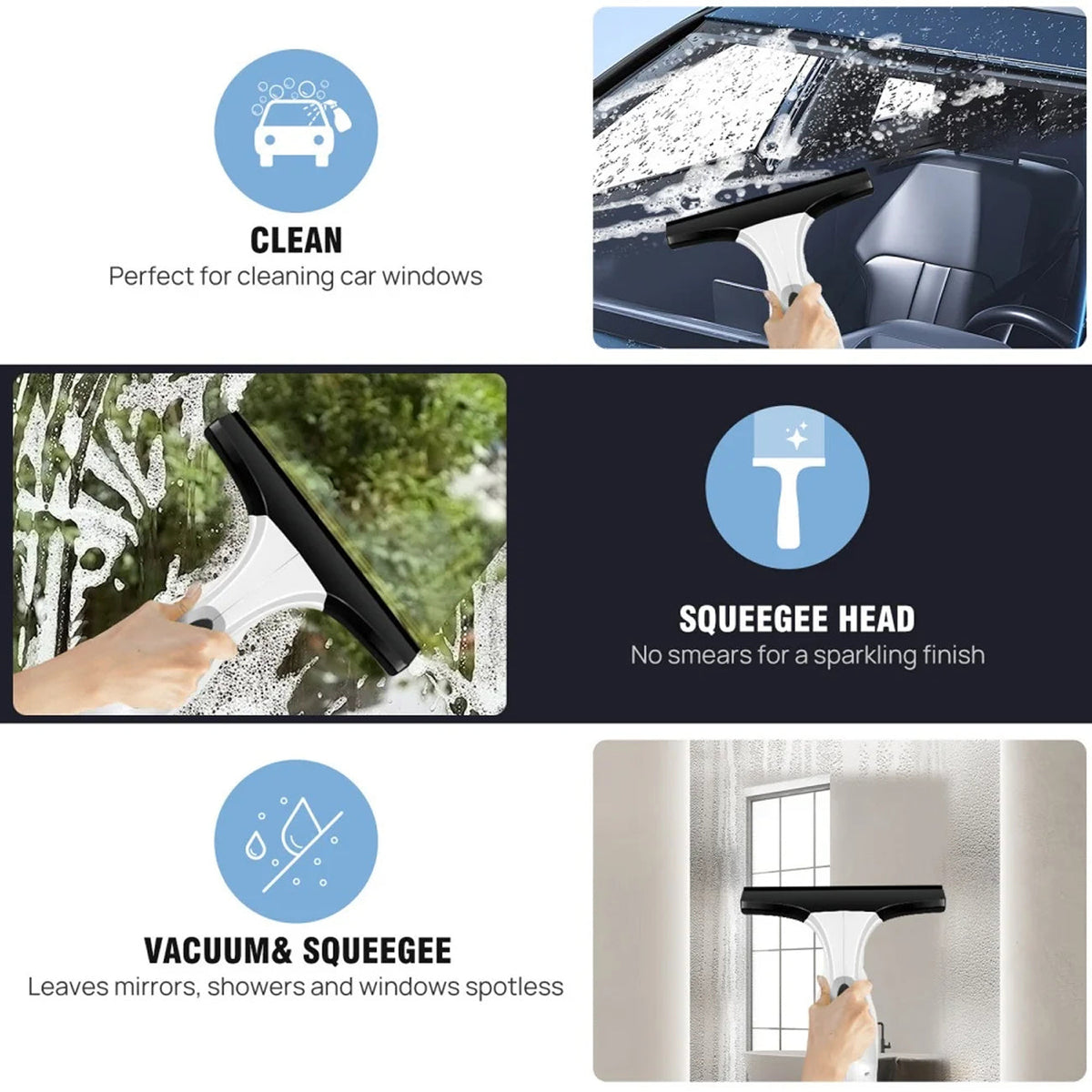 ClearVynu Window Vacuum with squeegee head and vacuum function used for cleaning car windows and mirrors.