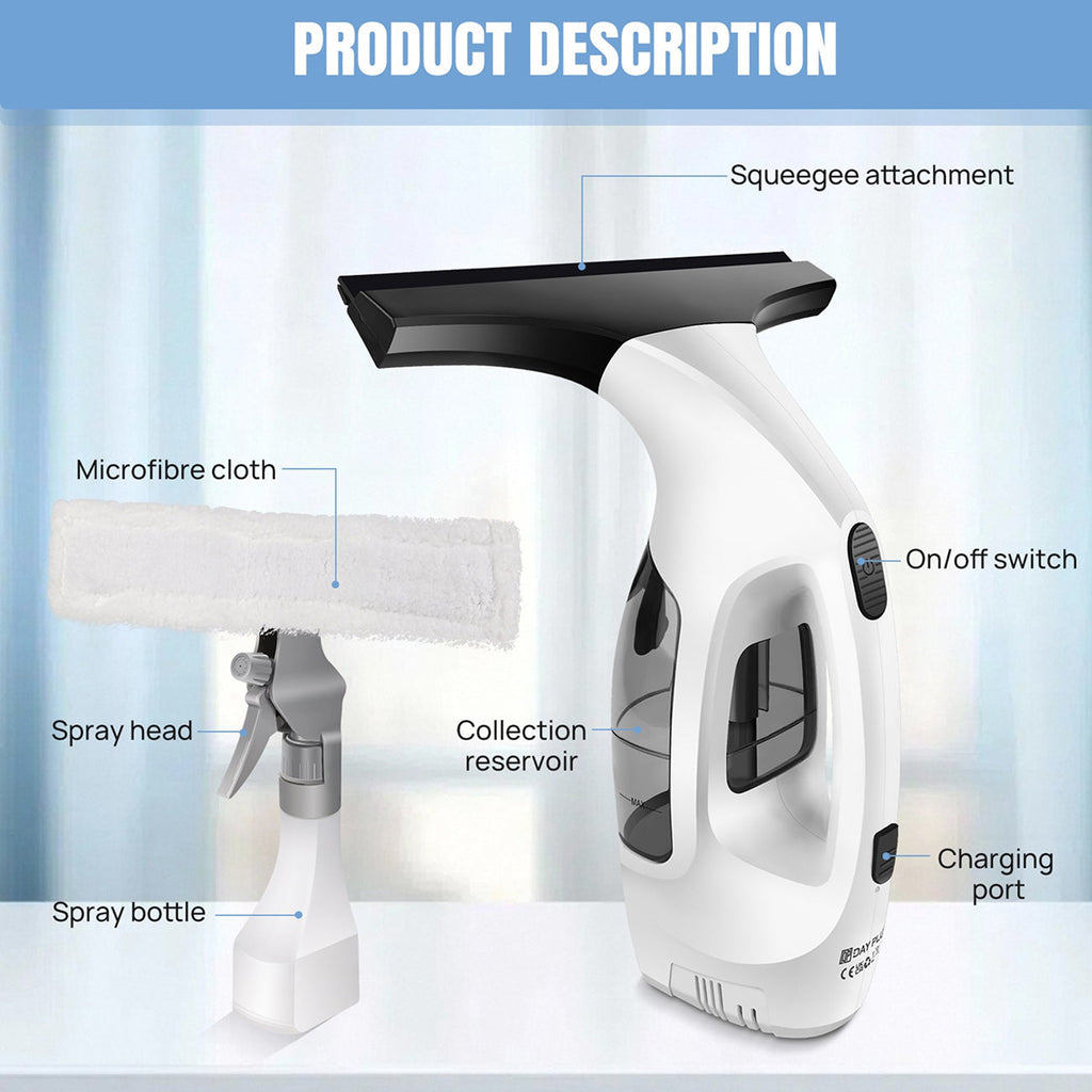 White ClearVynu Window Vacuum with labeled parts on a light blue background