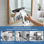 A ClearVynu Window Vacuum being used to wipe a bathroom mirror, with a hand visible and a blue text banner below comparing traditional mirror cleaning methods to the cleaner's efficiency.