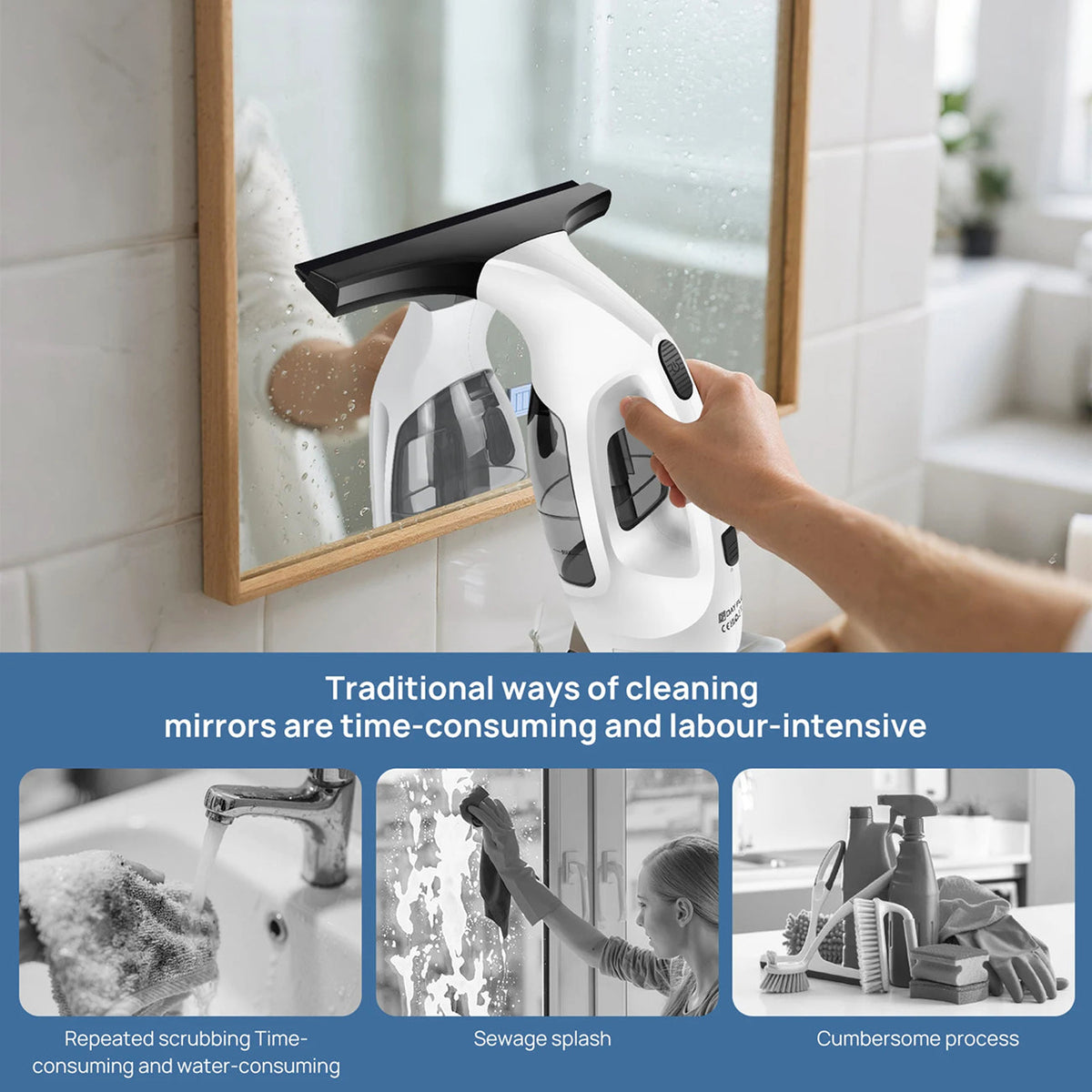 A ClearVynu Window Vacuum being used to wipe a bathroom mirror, with a hand visible and a blue text banner below comparing traditional mirror cleaning methods to the cleaner's efficiency.