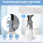 Spray bottle with adjustable nozzle and three spray settings on a light blue background