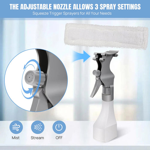 Spray bottle with adjustable nozzle and three spray settings on a light blue background
