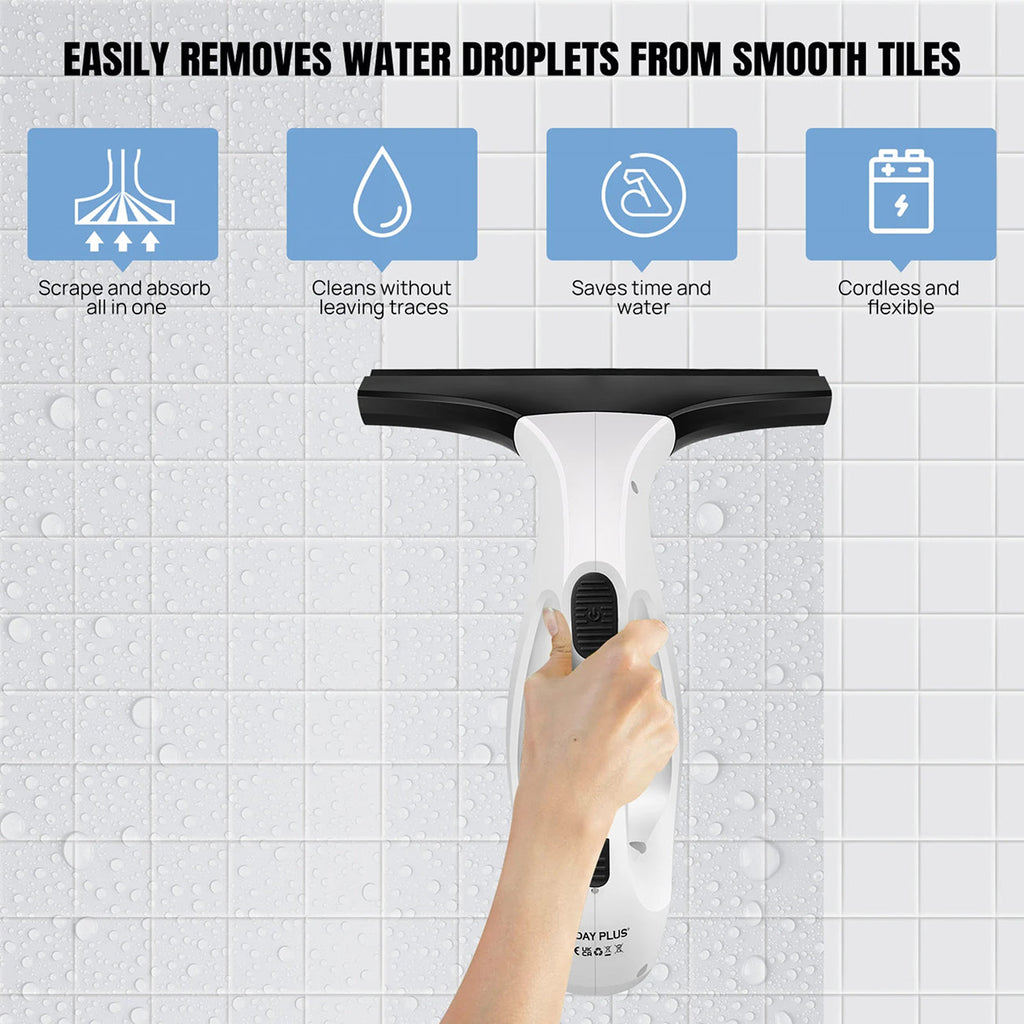 Hand holding a ClearVynu Window Vacuum on a tiled wall with text highlighting its features.