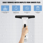 Hand holding a ClearVynu Window Vacuum on a tiled wall with text highlighting its features.