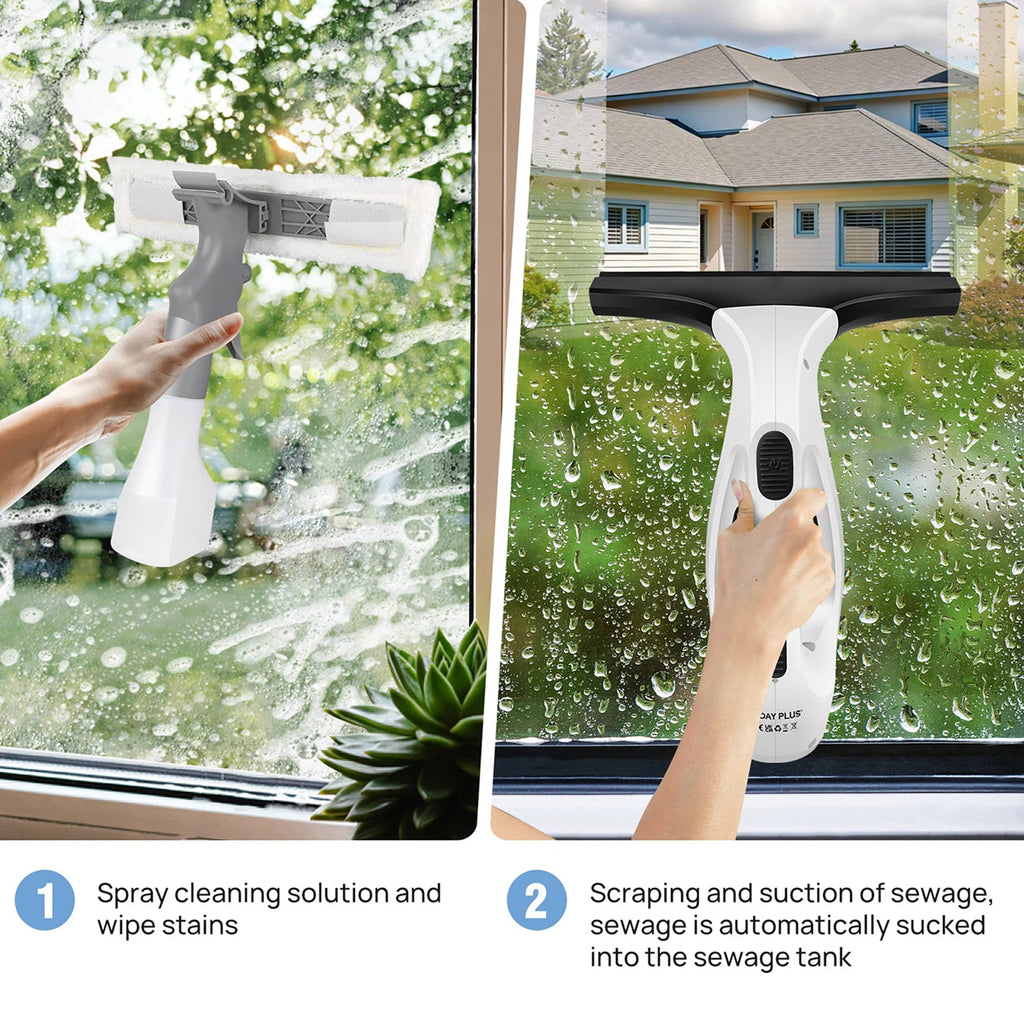 A two-step instructional graphic showing a ClearVynu Window Vacuum tool in use. Step 1 shows a hand using the spray and wipe function on a wet window, with text reading 'Spray cleaning solution and wipe stains'.