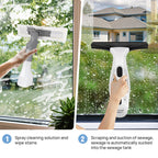 A two-step instructional graphic showing a ClearVynu Window Vacuum tool in use. Step 1 shows a hand using the spray and wipe function on a wet window, with text reading 'Spray cleaning solution and wipe stains'.