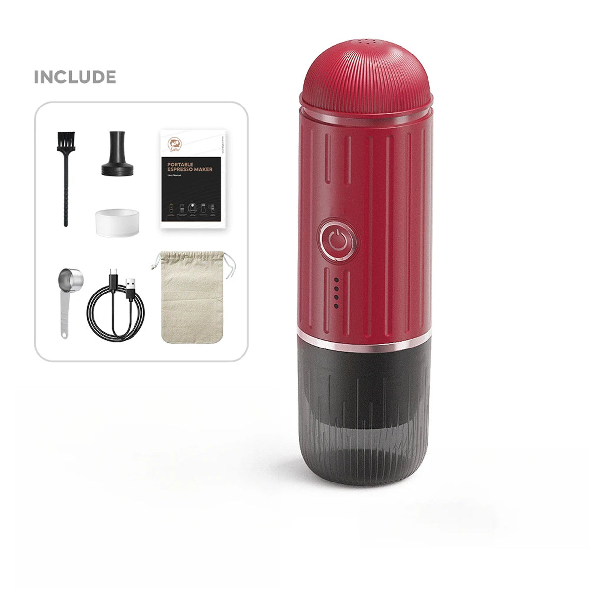 Red and black CofeMeki Portable Coffee Maker with included accessories on a white background