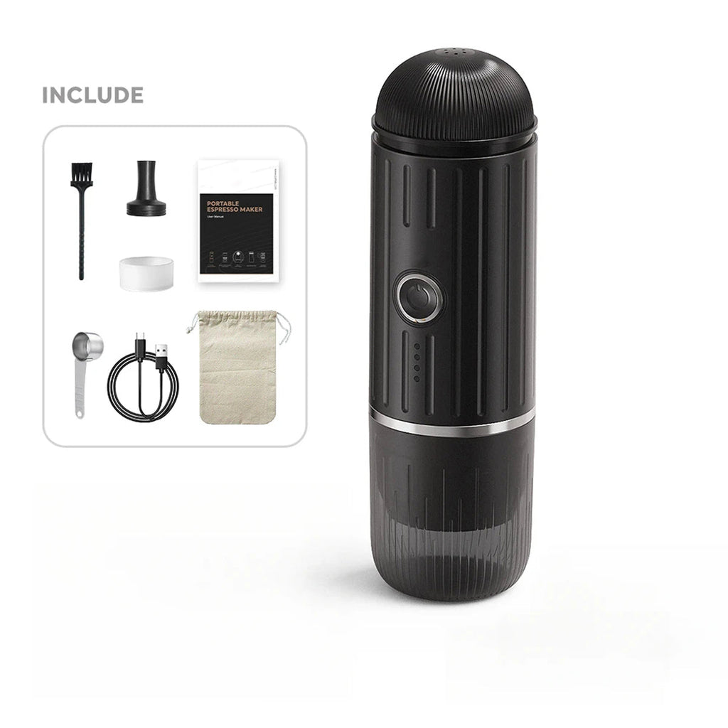 Black CofeMeki Portable Coffee Maker with included accessories on a white background