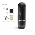 Black CofeMeki Portable Coffee Maker with included accessories on a white background