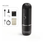 Black CofeMeki Portable Coffee Maker with included accessories on a white background