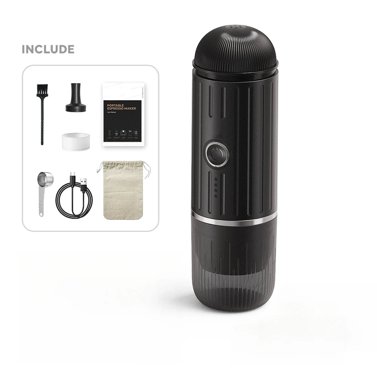Black CofeMeki Portable Coffee Maker with included accessories on a white background