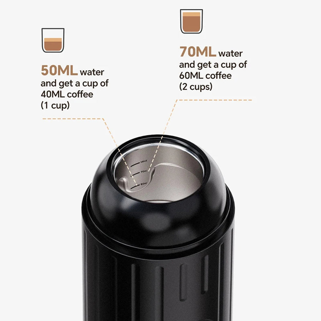 Black coffee maker with water measurement details on a white background