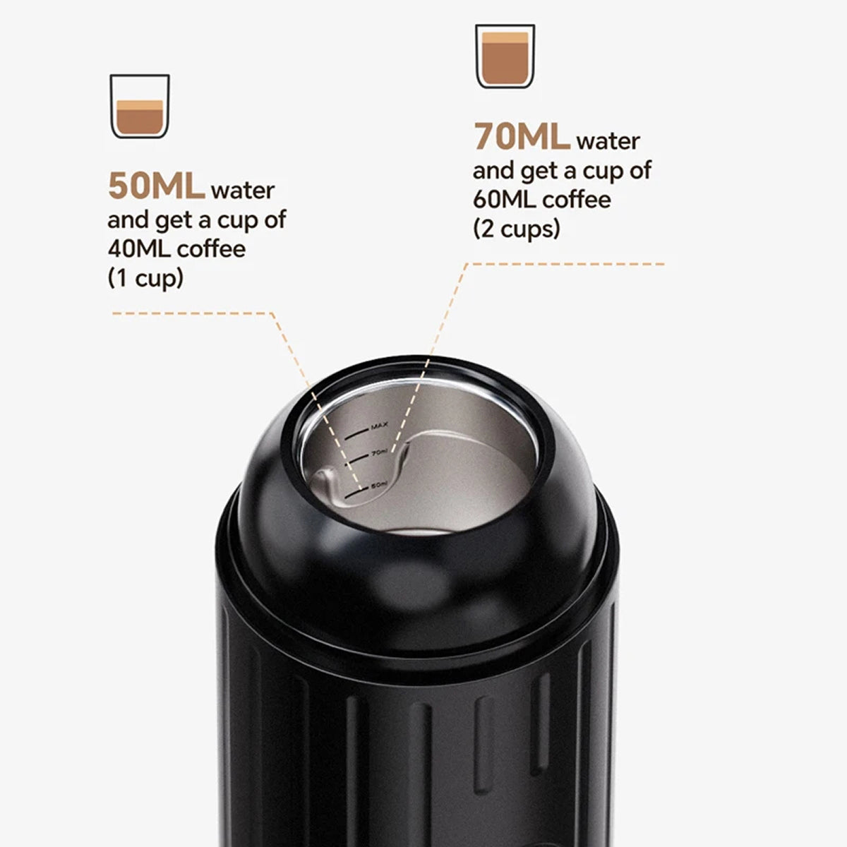 Black coffee maker with water measurement details on a white background