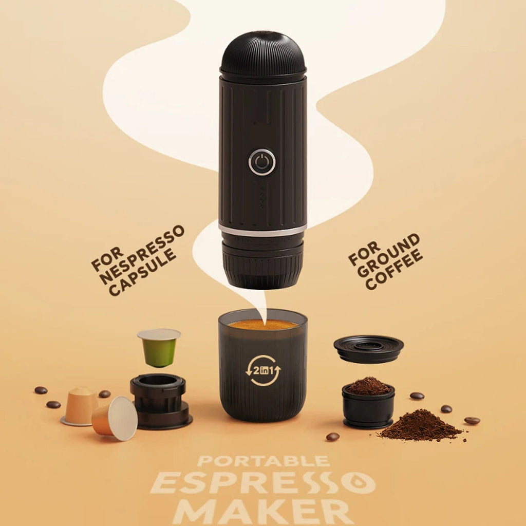 CofeMeki Portable Coffee Maker with capsules and ground coffee on a beige background