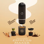 CofeMeki Portable Coffee Maker with capsules and ground coffee on a beige background