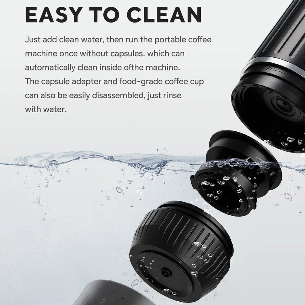 CofeMeki Portable Coffee Maker components with water droplets and cleaning instructions on a light gray background