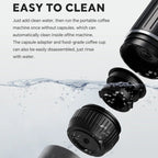 CofeMeki Portable Coffee Maker components with water droplets and cleaning instructions on a light gray background