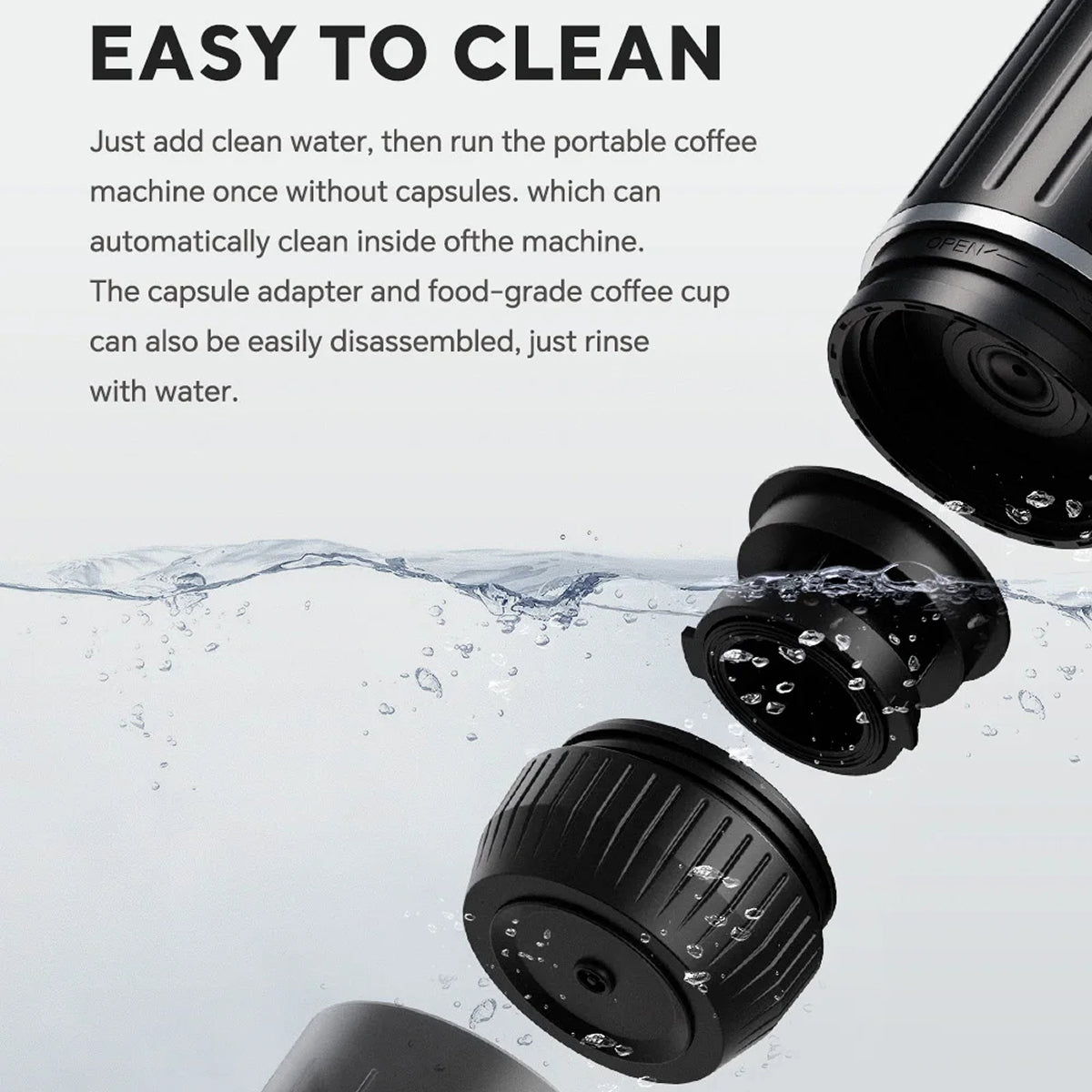 CofeMeki Portable Coffee Maker components with water droplets and cleaning instructions on a light gray background