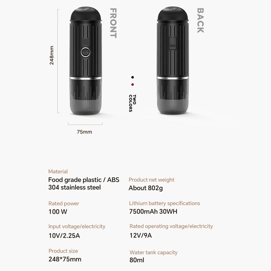 Black CofeMeki Portable Coffee Maker device with front and back views, specifications, and material details on a white background.