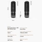 Black CofeMeki Portable Coffee Maker device with front and back views, specifications, and material details on a white background.