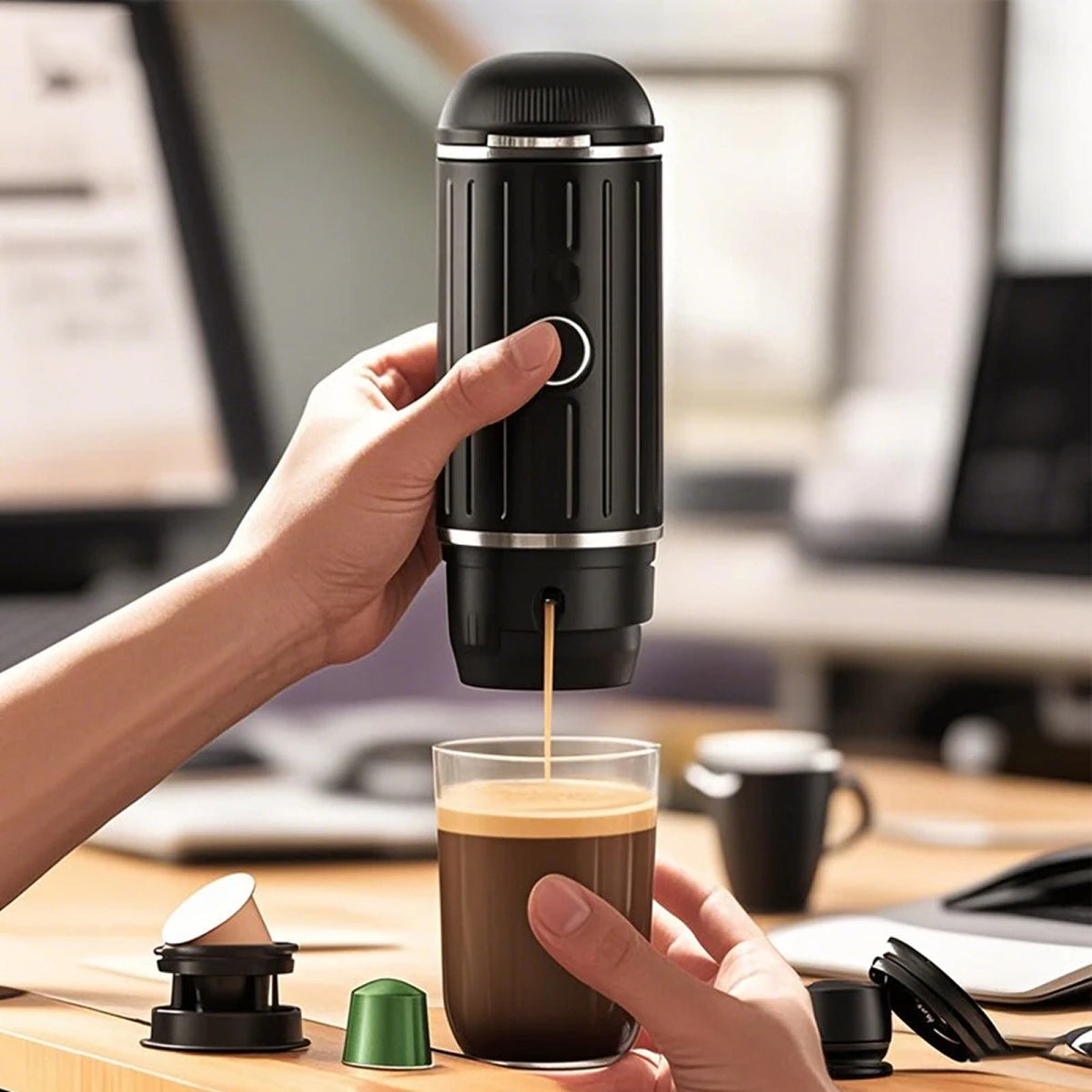 Hand using a CofeMeki Portable Coffee Maker to pour coffee into a glass on a desk.